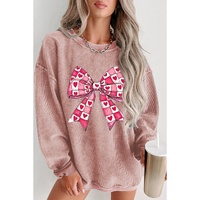 Pink Valentines Heart Checkered Bow Pattern Corded Baggy Sweatshirt - L thumbnail