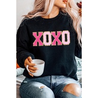 Black Chenille XOXO Patched Drop Shoulder Valentines Pullover Sweatshirt - M thumbnail