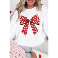 White Heart Bow Printed Round Neck Valentines Pullover Sweatshirt - L thumbnail