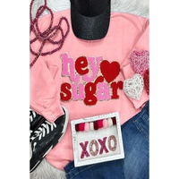 Pink Chenille Heart hey sugar Patched Pattern Valentines Pullover Sweatshirt - 2XL thumbnail