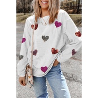 White Valentines Heart Patched Pattern Corded Pullover Sweatshirt - S thumbnail