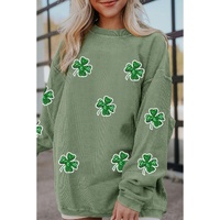 Grass Green Ribbed Four Leaf Clover Graphic St. Patricks Pullover Sweatshirt - S thumbnail