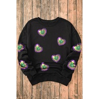 Black Mardi Gras Heart Print Crew Neck Sweatshirt - S thumbnail