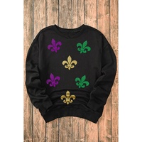 Black Mardi Gras Fleur de Lis Graphic Round Neck Pullover Sweatshirt - L thumbnail