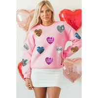 Pink Sequin Romantic Letters Heart Graphic Valentines Sweatshirt - L thumbnail