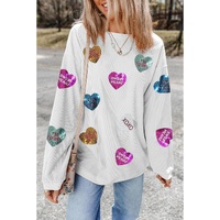 White Valentines Slogan Heart Sequin Corded Baggy Sweatshirt - S thumbnail