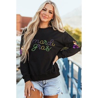 Black Ceramic Rhinestone mardi gras Letter Graphic Sweatshirt - L thumbnail