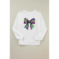 White Mardi Gras Bow Graphic Drop Shoulder Sweatshirt - L thumbnail
