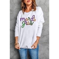 White Sequined mardi gras Graphic Crew Neck Drop Shoulder Sweatshirt - L thumbnail