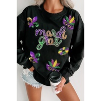 Black Sequin mardi gras Fleur de Lis Graphic Pullover Sweatshirt - L thumbnail