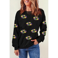 Black Sequined Donuts of Mardi Gras Colors Drop Shoulder Sweatshirt - M thumbnail