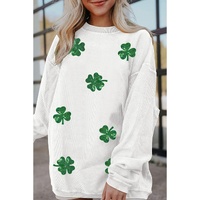 White Sequin Clover Patched Drop Shoulder Corded Sweatshirt - L thumbnail