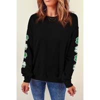 Black Sequin Clover Patched Drop Shoulder Sweatshirt - L thumbnail