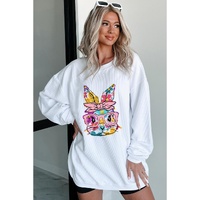 White Floral Rabbit with Glasses Graphic Corded Easter Sweatshirt - M thumbnail