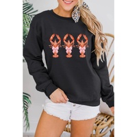 Black Cute Bow Crawfish Printed Drop Shoulder Sweatshirt - S thumbnail