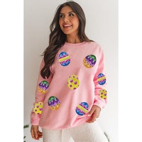Pink Easter Egg Patched Graphic Drop Shoulder Pullover Sweatshirt - L thumbnail