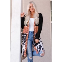 Black Western Pattern Cow Patchwork Open Front Cardigan - M thumbnail