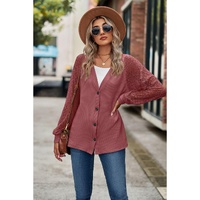 Azura Exchange Waffled Knit Lace Long Sleeve Buttoned Cardigan - L thumbnail