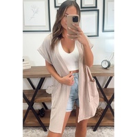 Parchment Ribbed Pocketed Short Sleeve Open Front Top - L thumbnail