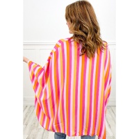 Rose Stripe Wide Sleeve Open Front Kimono - One Size thumbnail