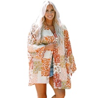 White Boho Patchwork Floral Open Front Kimono - One Size thumbnail