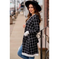 Black Plaid Colorblock Edge Open Cardigan with Pocket - M thumbnail