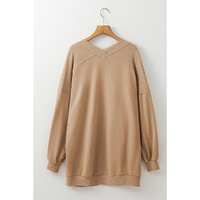 Light French Beige Ribbed Edge Exposed Seam Knit Cardigan with Pockets - L thumbnail