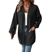 Black Textured Knit Side Pockets Open Front Cardigan - S thumbnail