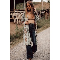 Brown Western Aztec Printed Open Front Long Cardigan - L thumbnail