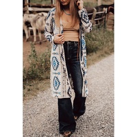 Sky Blue Western Aztec Printed Open Front Long Cardigan - L thumbnail