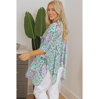 White Boho Floral Printed Rhinestone 3/4 Sleeve Open Front Kimono - XL thumbnail