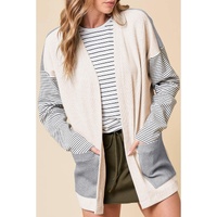 Black Stripe Colorblock Patchwork Open Front Cardigan with Pocket - S thumbnail