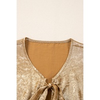 Gold Bow Tie Front Puff 3/4 Sleeve Ruffle Hem Blouse - M thumbnail