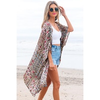 Apricot Floral Print Short Wide Sleeve Open Front Loose Kimono - One Size thumbnail