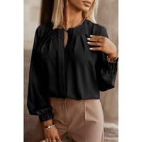 Black Crew Neck Gathered Stretch Cuff Shirt - L thumbnail