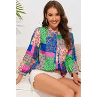 Azura Exchange Floral Patchwork Print Puff Sleeve Shirt - M thumbnail