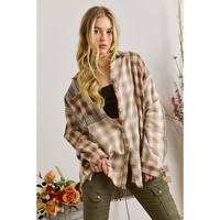 Brown Multi Plaid Patchwork Raw Edge Casual Shirt - XL thumbnail
