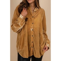 Gold Solid Color Button Up Loose Fit Velvet Shirt - L thumbnail