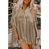 Azura Exchange Pale Khaki 3/4 Sleeve Tunic Babydoll Velvet Shirt - L thumbnail