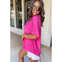 Bright Pink Lapel Neck Checkered Textured Short Sleeve Shirt - S thumbnail