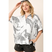 Beige Cheetah Print Buttoned Half Sleeve Shirt - L thumbnail