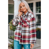 Azura Exchange Red Geometric Plaid Print Pocketed Shacket - M thumbnail