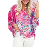 Rose Red Floral Allover Print Buttoned V Neck Oversized Shirt - M thumbnail