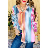 Orange Stripe Multicolor Drop Shoulder Loose Shirt - L thumbnail