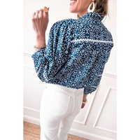 Blue Floral Ric-rac Patchwork Button Loose Fit Shirt - M thumbnail
