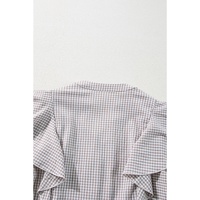 Brown Plaid Flounce Sleeve Notched Neck Ruffled Shirt - L thumbnail