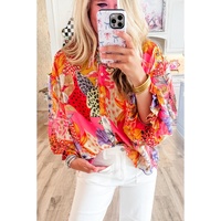 Red Abstract Floral Print Buttoned Ruffled Bubble Sleeve Shirt - XL thumbnail