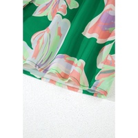 Green Floral Print Button up Pleated Puff Sleeve Loose Shirt - S thumbnail