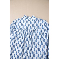 Sky Blue Boho Floral Printed Lantern Sleeve Frilled Neck Shirred Shirt - M thumbnail