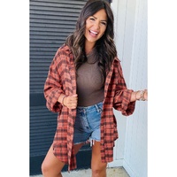 Red Plaid Long Sleeeve Side Split Distressed Hem Shirt - M thumbnail